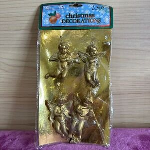 Vintage Christmas Moments Cherub Angel Ornaments Gold Glitter Set of 4